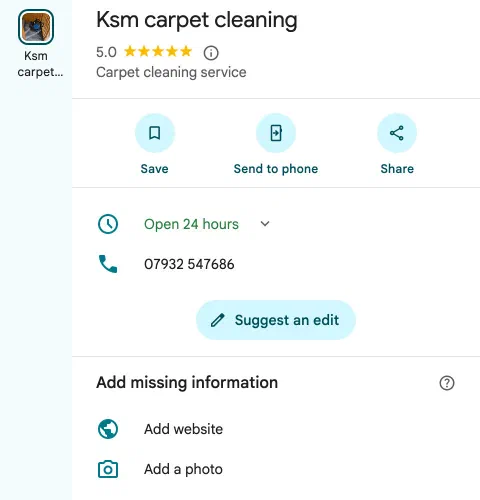 El Perfil d'Empresa de Google de KSM Carpet Cleaning: nom, valoració, número de telèfon, i "Afegeix un lloc web" a la informació que hi falta